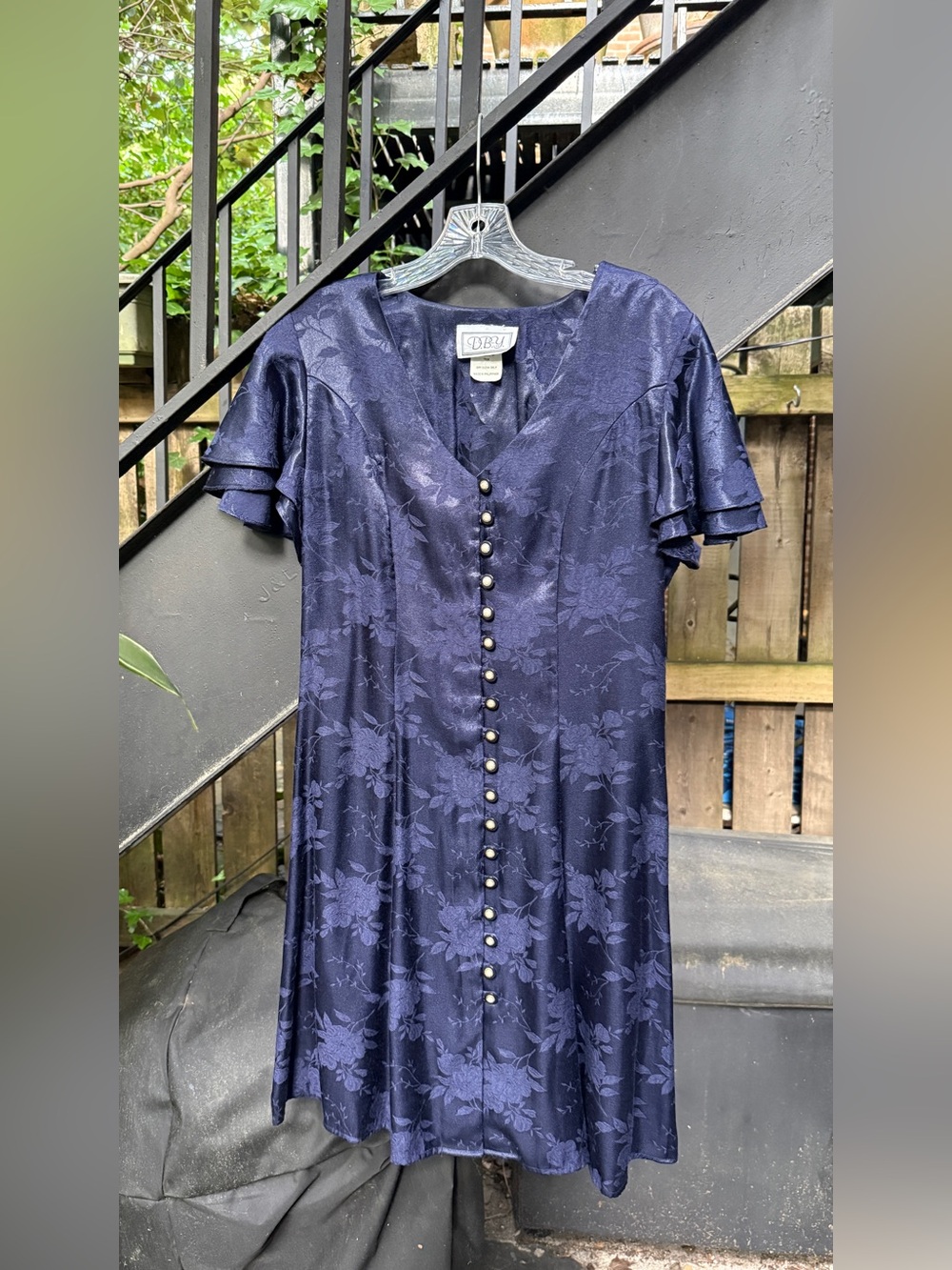 Vintage Navy Floral Button-Front Midi Dress